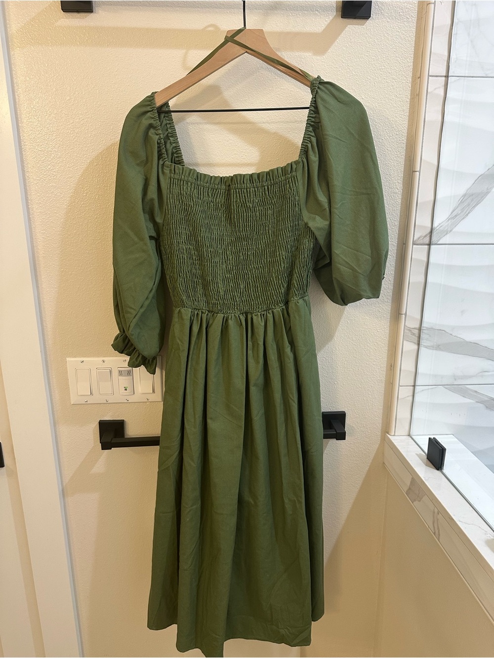 She + Sky Olive Green Smocked Square-Neck Midi Dress